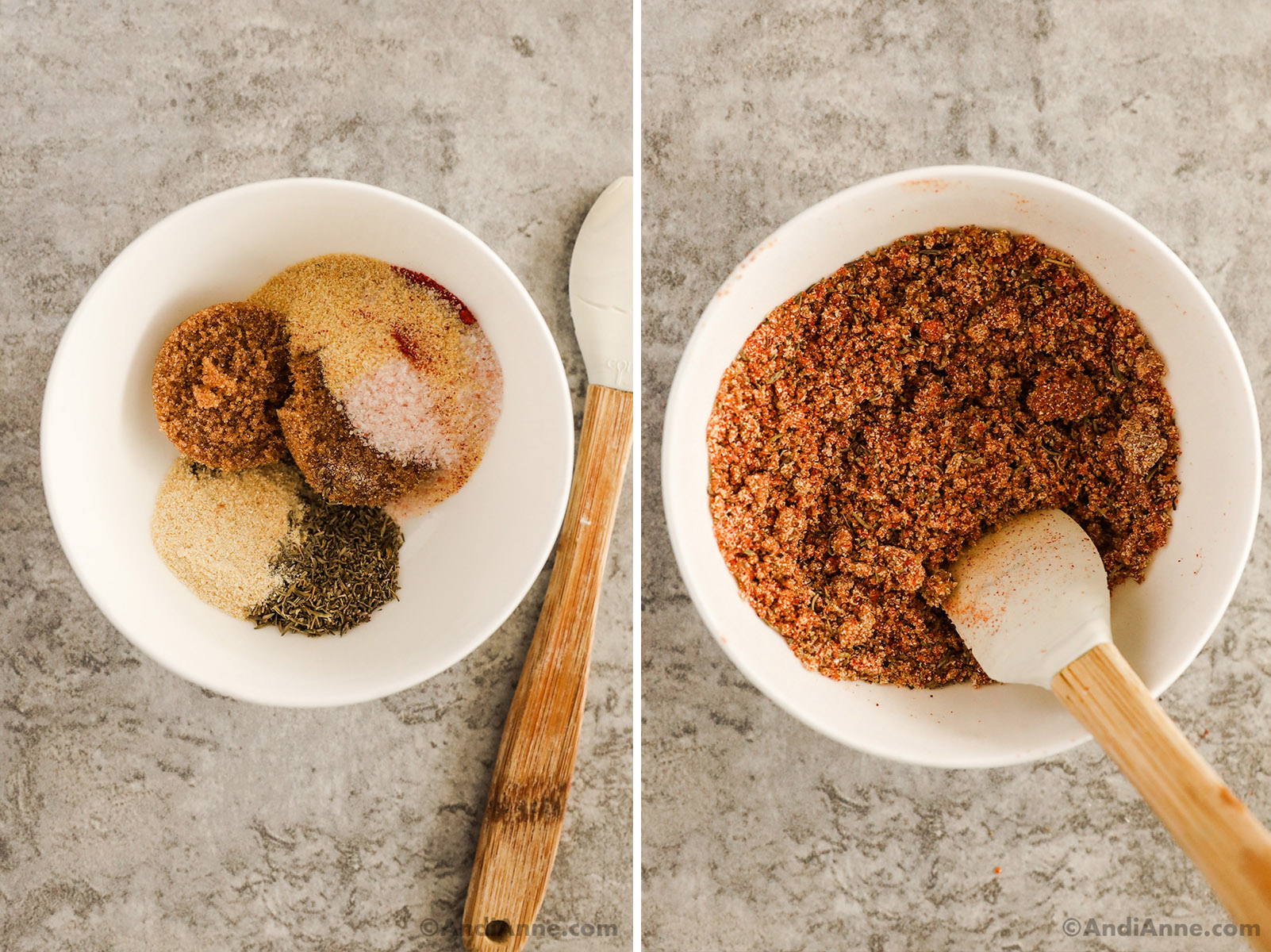 Spices and sugar in a bowl unmixed, then mixed together.