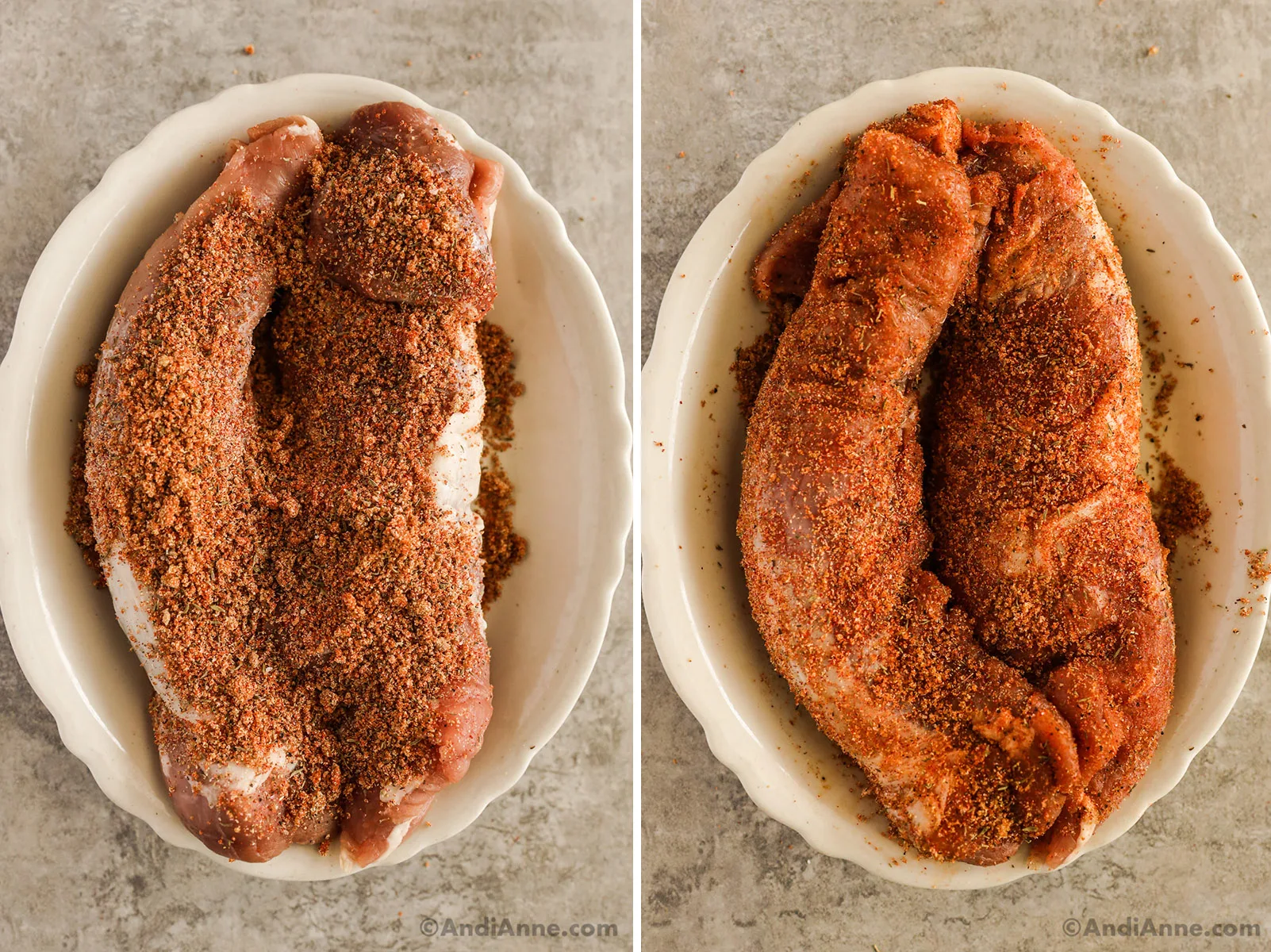 Two raw pork tenderloins covered with a spice rub, then it is rubbed into the pork.