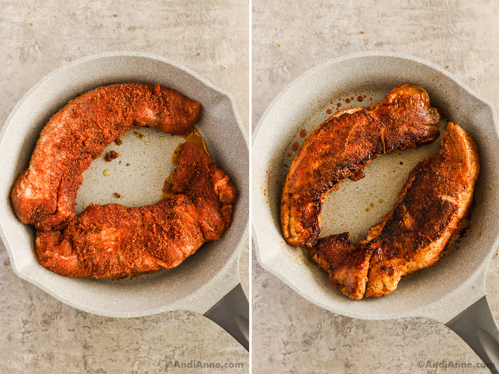 Two images of pork tenderloin in a frying pan. First is raw covered in spice rub. Second is seared covered in spice rub.