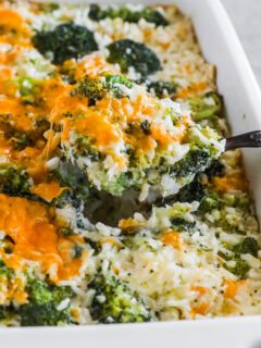 Close up of broccoli cheese casserole