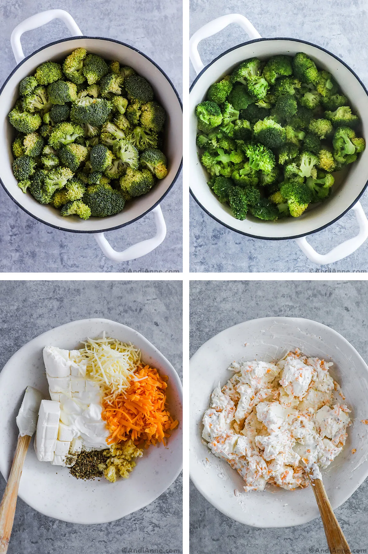 Four images, first two are broccoli in a pot. Second two are creamy ingredients unmixed then mixed in a bowl.