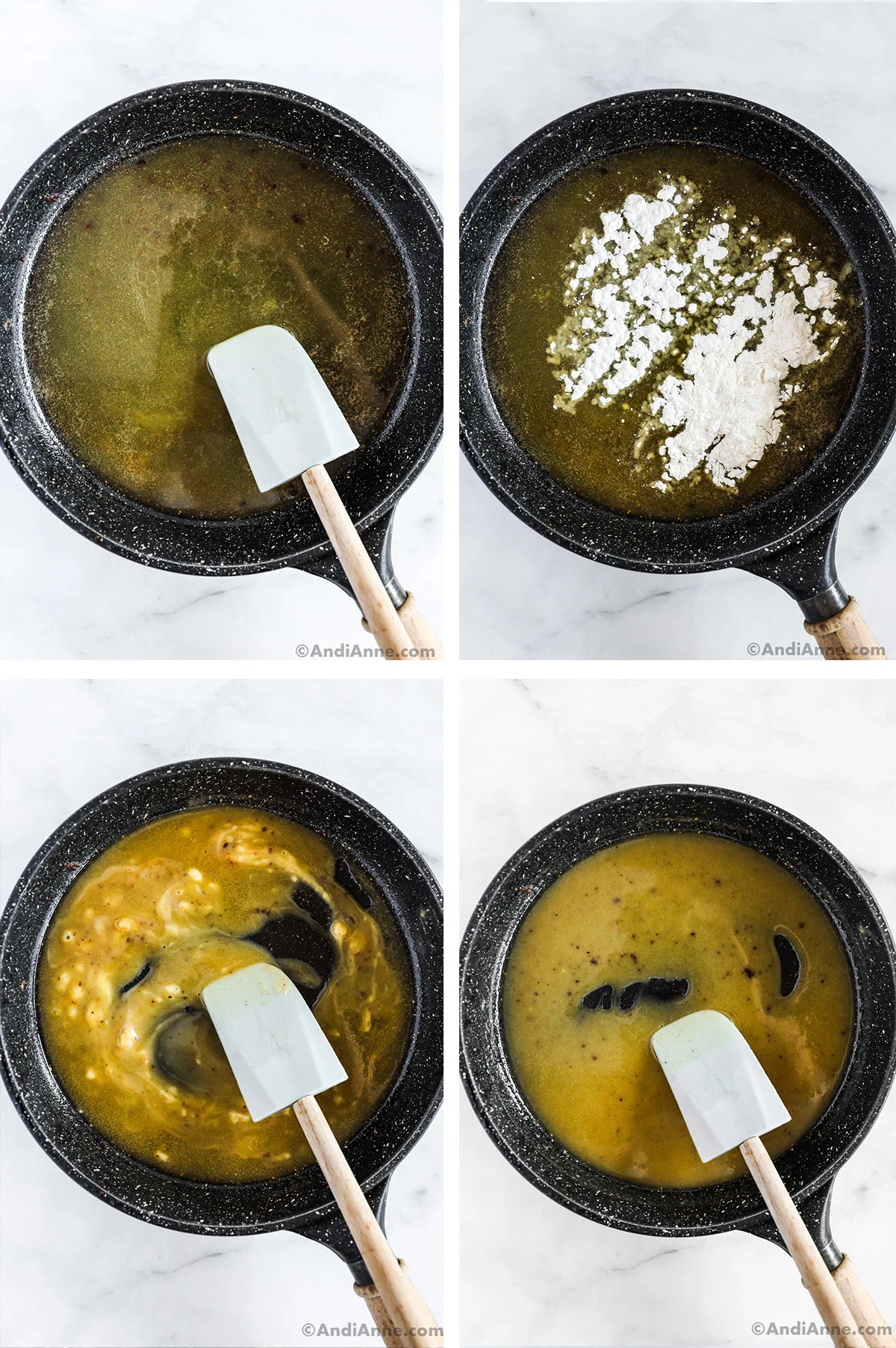 Four images of a frying pan with liquid and flour and thickened sauce in various stages of cooking.