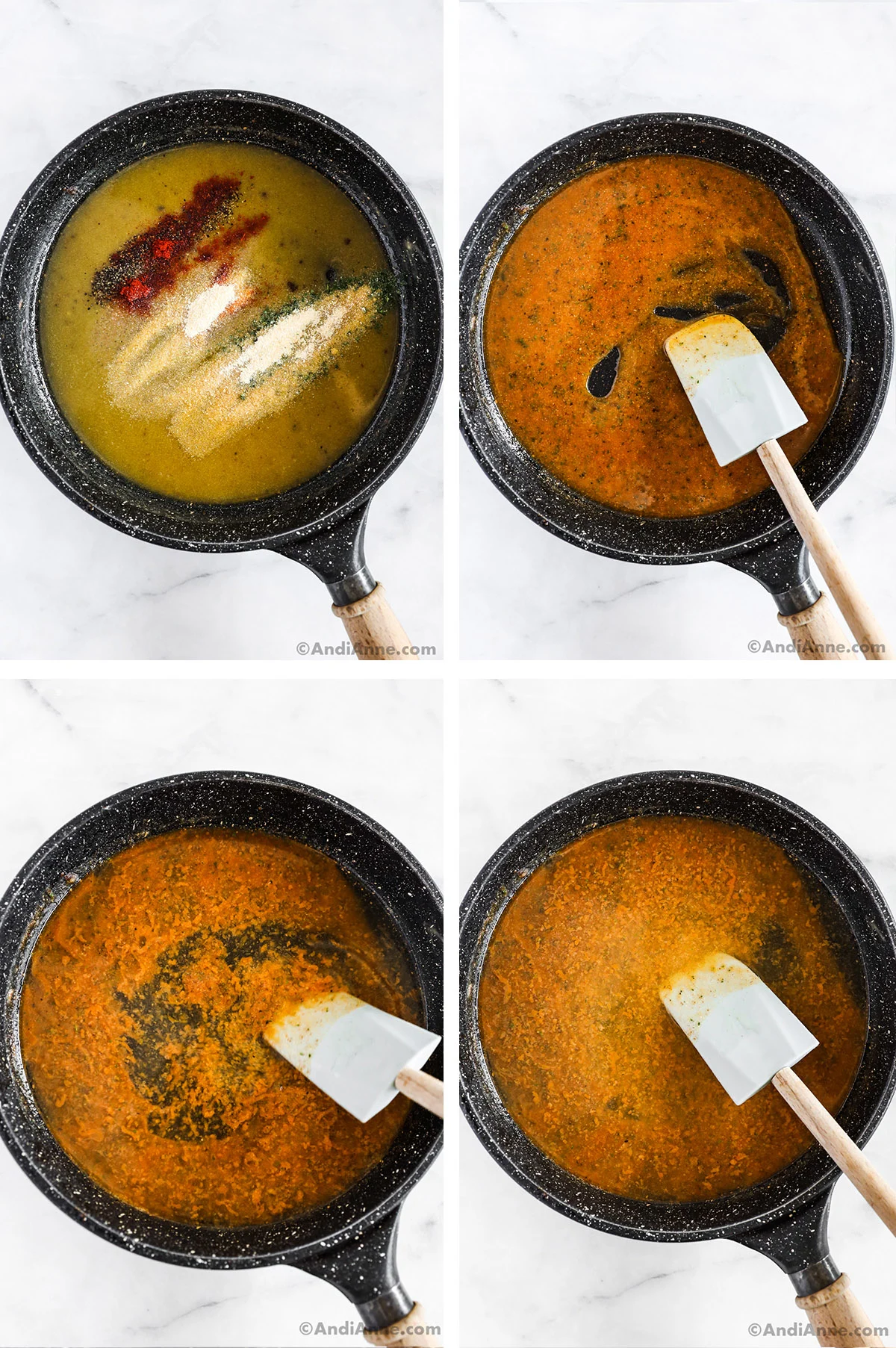 Four images of a frying pan with sauce ingredients at different cooking stages.