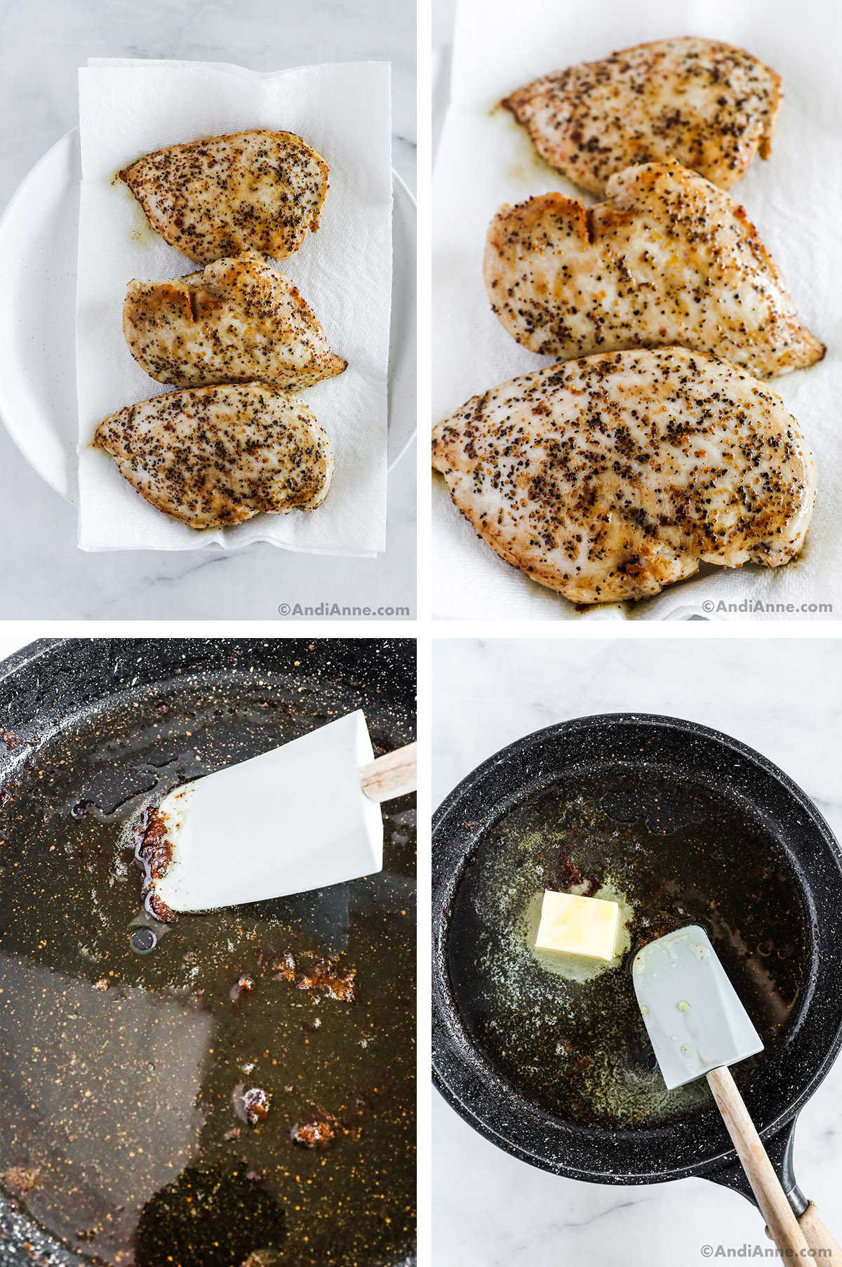 Four images, first two are cooked chicken breast, second two are liquid in a frying pan with spatula.