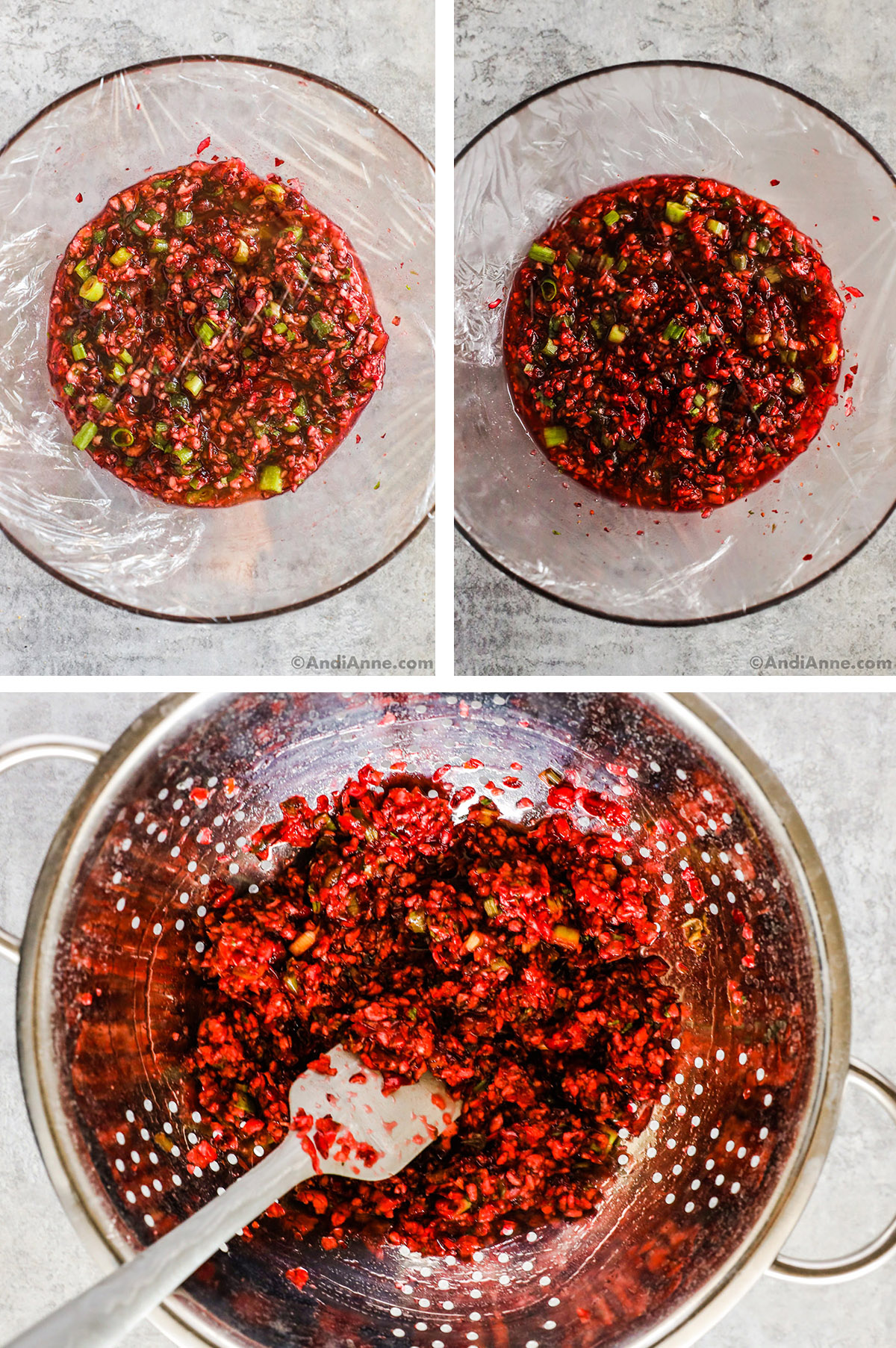 Three images, first two of chopped cranberry mixture in a bowl with jalapenos and green onions. Last is cranberry mixture in a strainer.