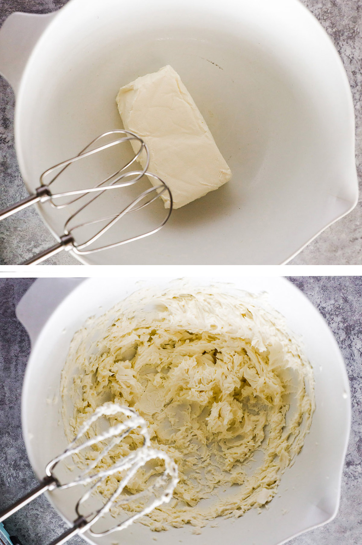 Cream cheese in a bowl with electric mixer. First unmixed then mixed