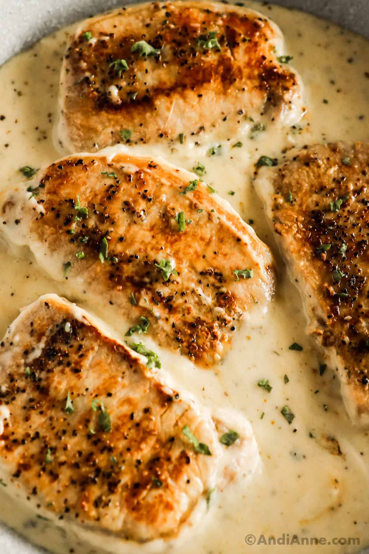 Garlic parmesan pork chops in a creamy sauce.