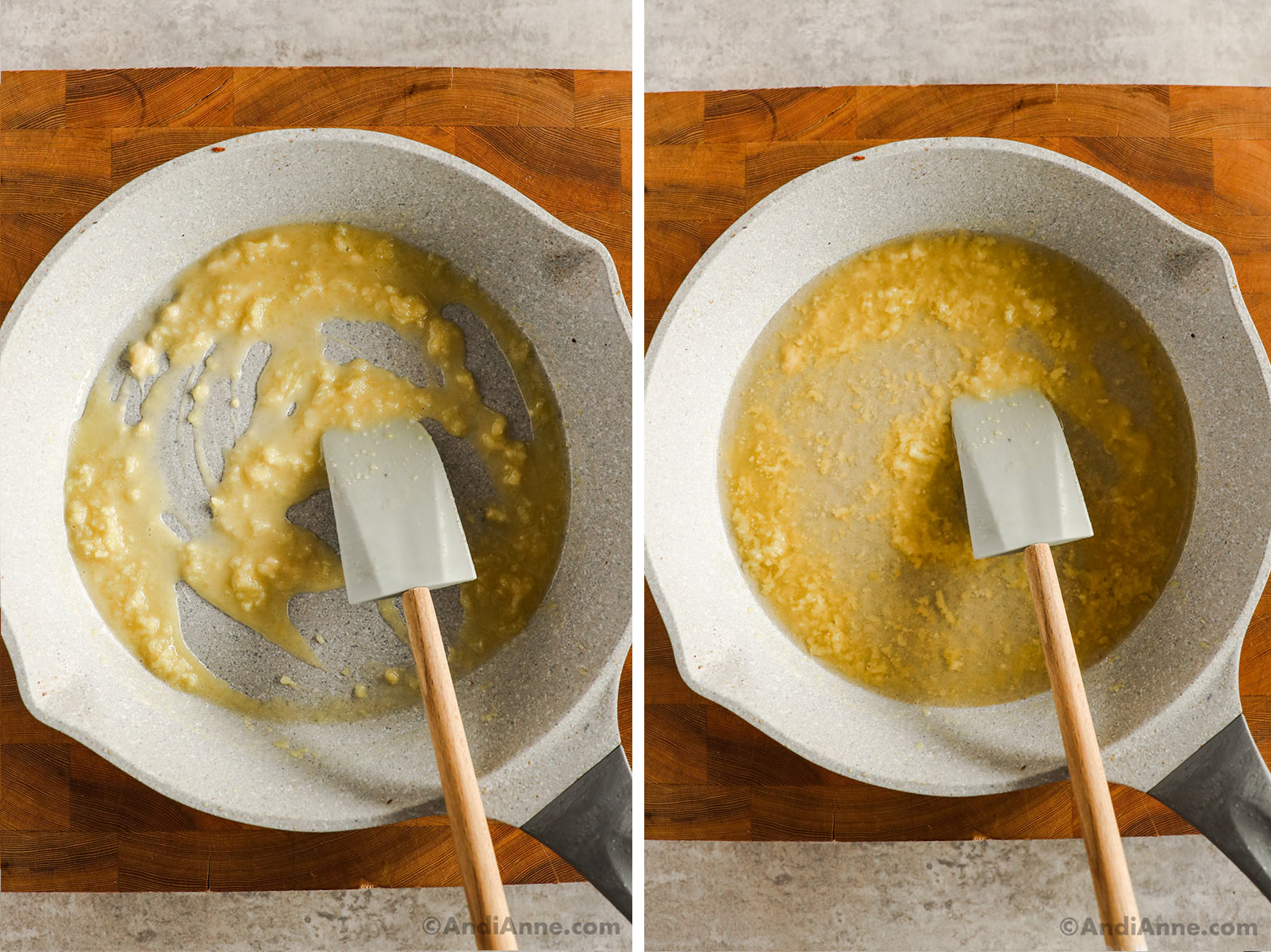 Frying pan with flour, butter and broth and spatula.