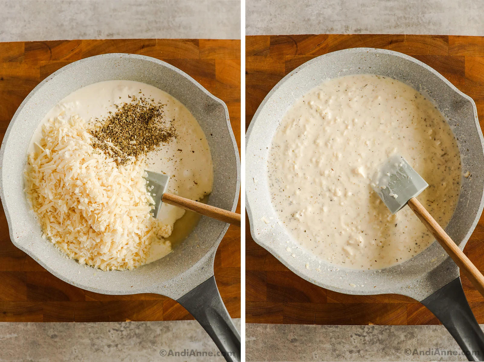 Parmesan, spices and cream dumped into a frying pan then mixed with spatula to create creamy sauce.