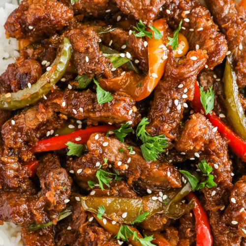 Mongolian beef with bell peppers on a bed of rice.