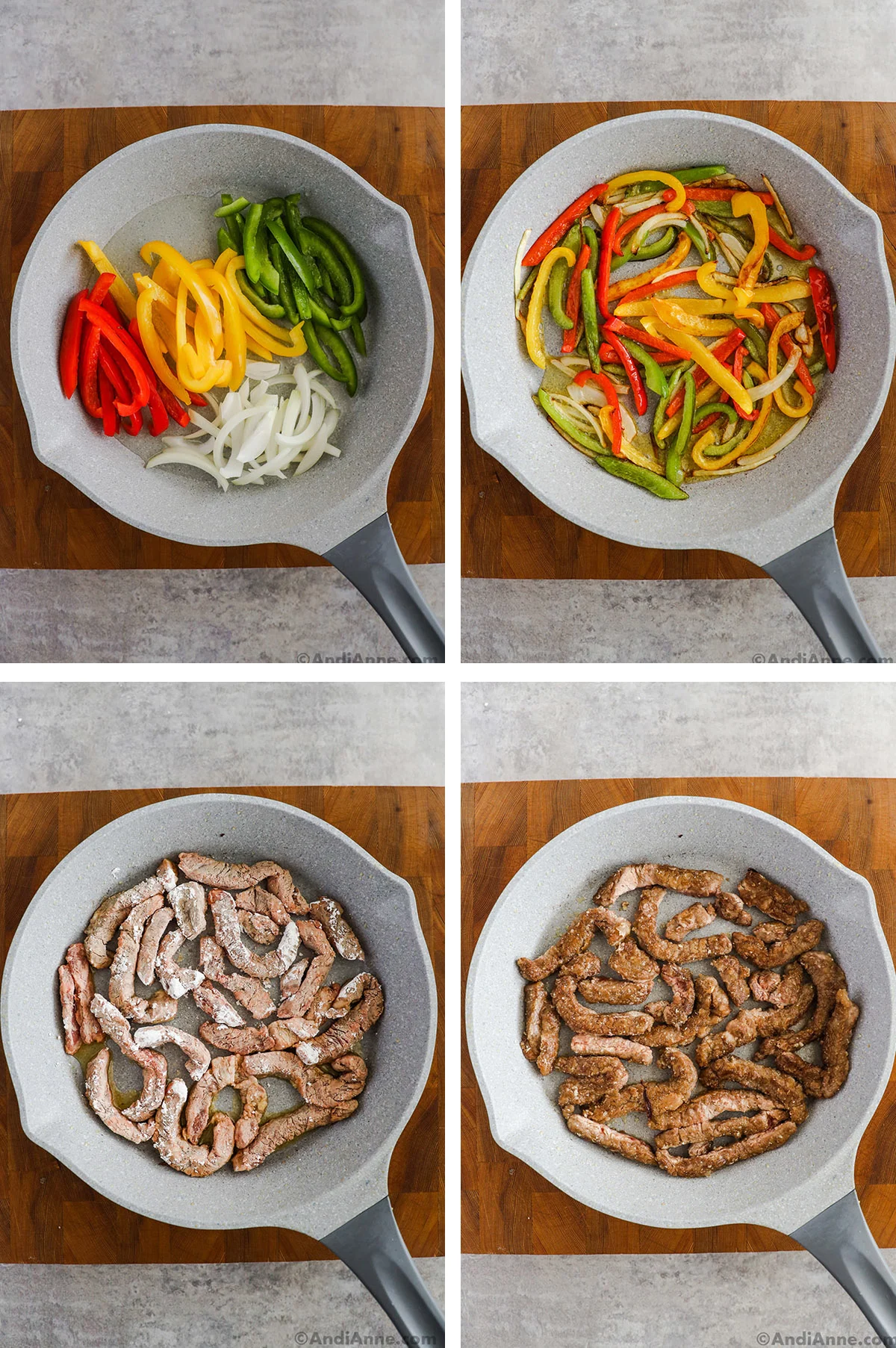 Sliced bell pepper in different colors with onion, first raw then cooked. Raw beef strips coated in cornstarch, first raw then cooked.
