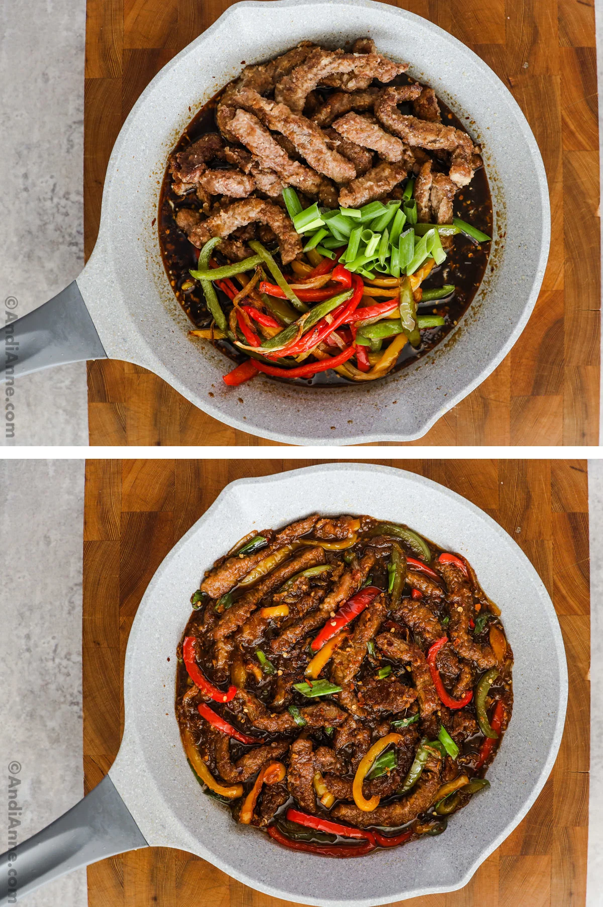 Dark brown sauce in frying pan with strips of beef and strips of bell pepper inside.
