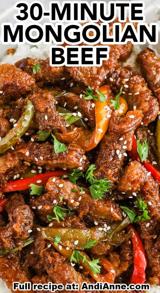 close up of mongolian beef recipe with strips of cooked steak and bell pepper coated in sauce.