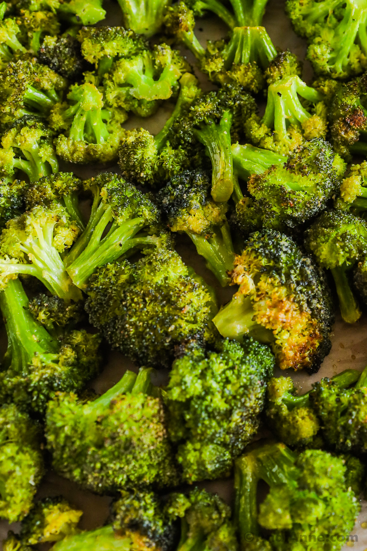 Overherad view of roasted broccoli in sheet pan
