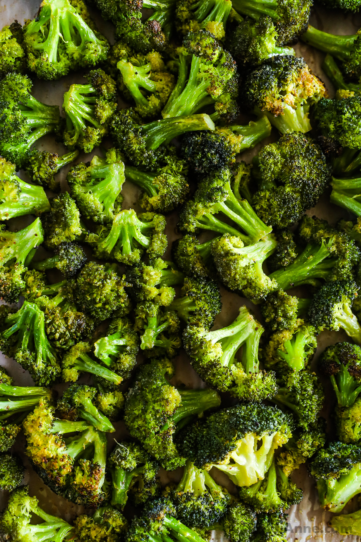 roasted broccoli in sheet pan. overhead view.