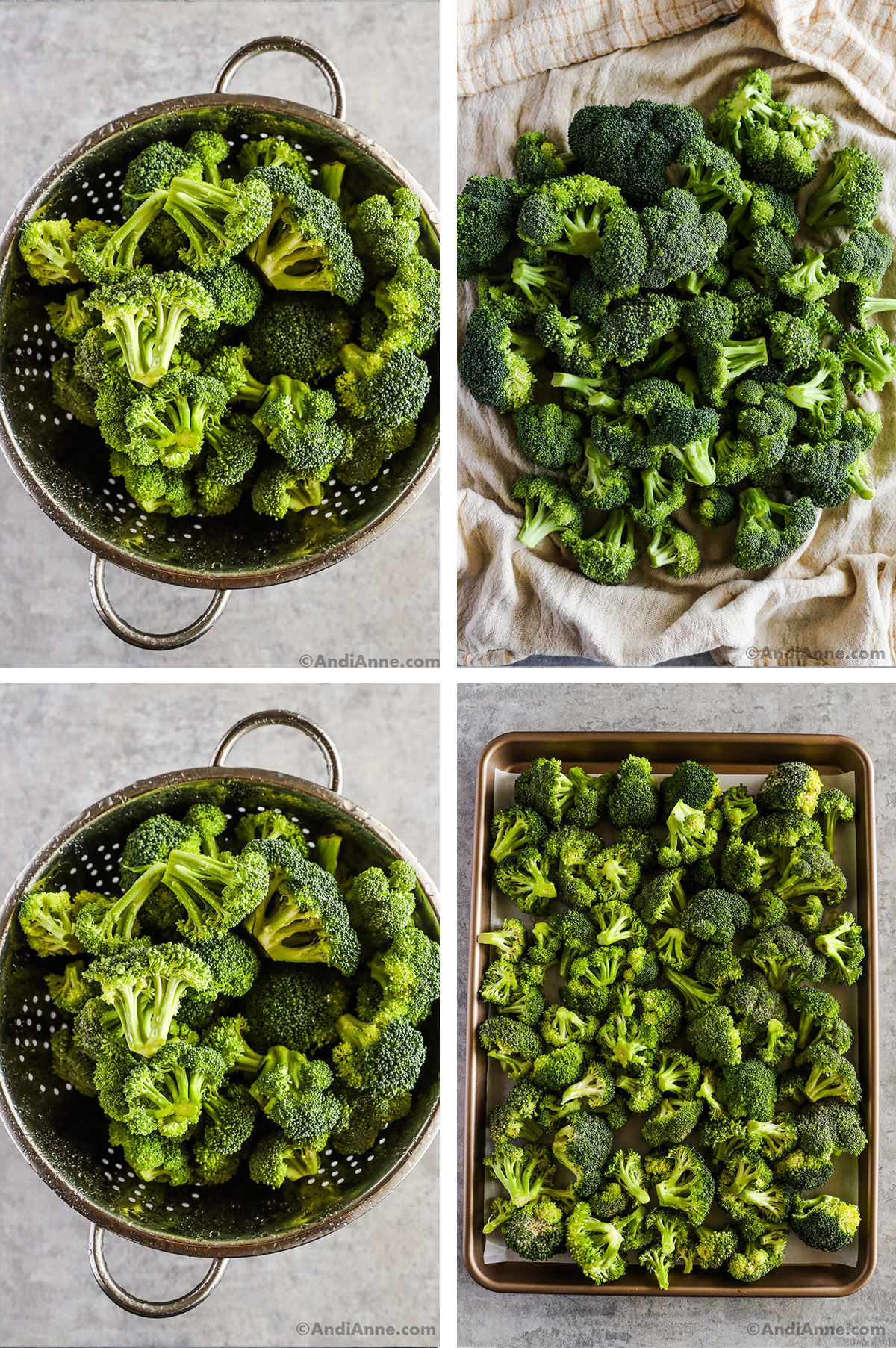 four images. 1 - broccoli in strainer. 2 - broccoli on towel drying. 3- dried broccoli resting in strainer. 4 - broccoli spread evenly in sheet pan.
