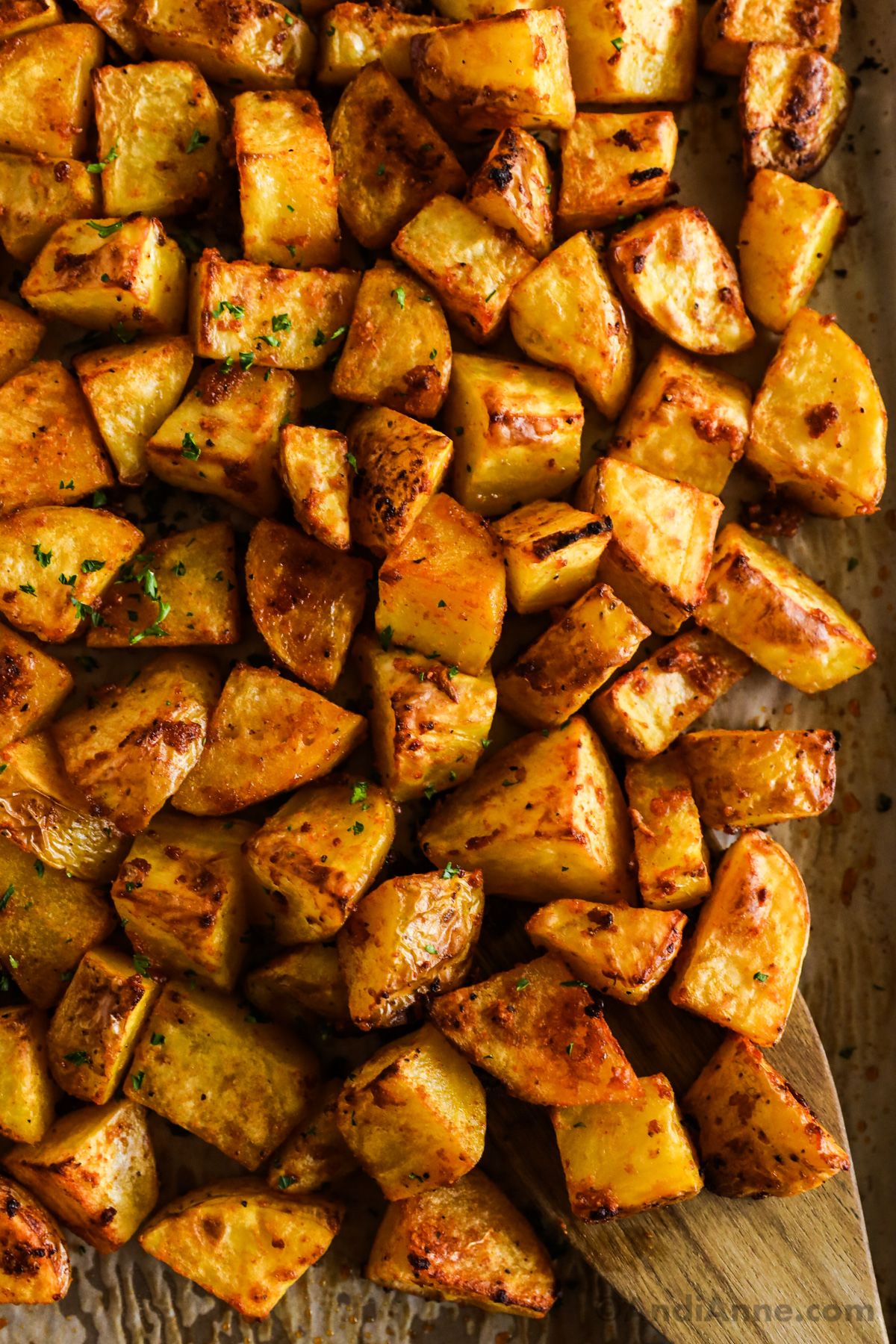 Roasted crispy potatoes close up