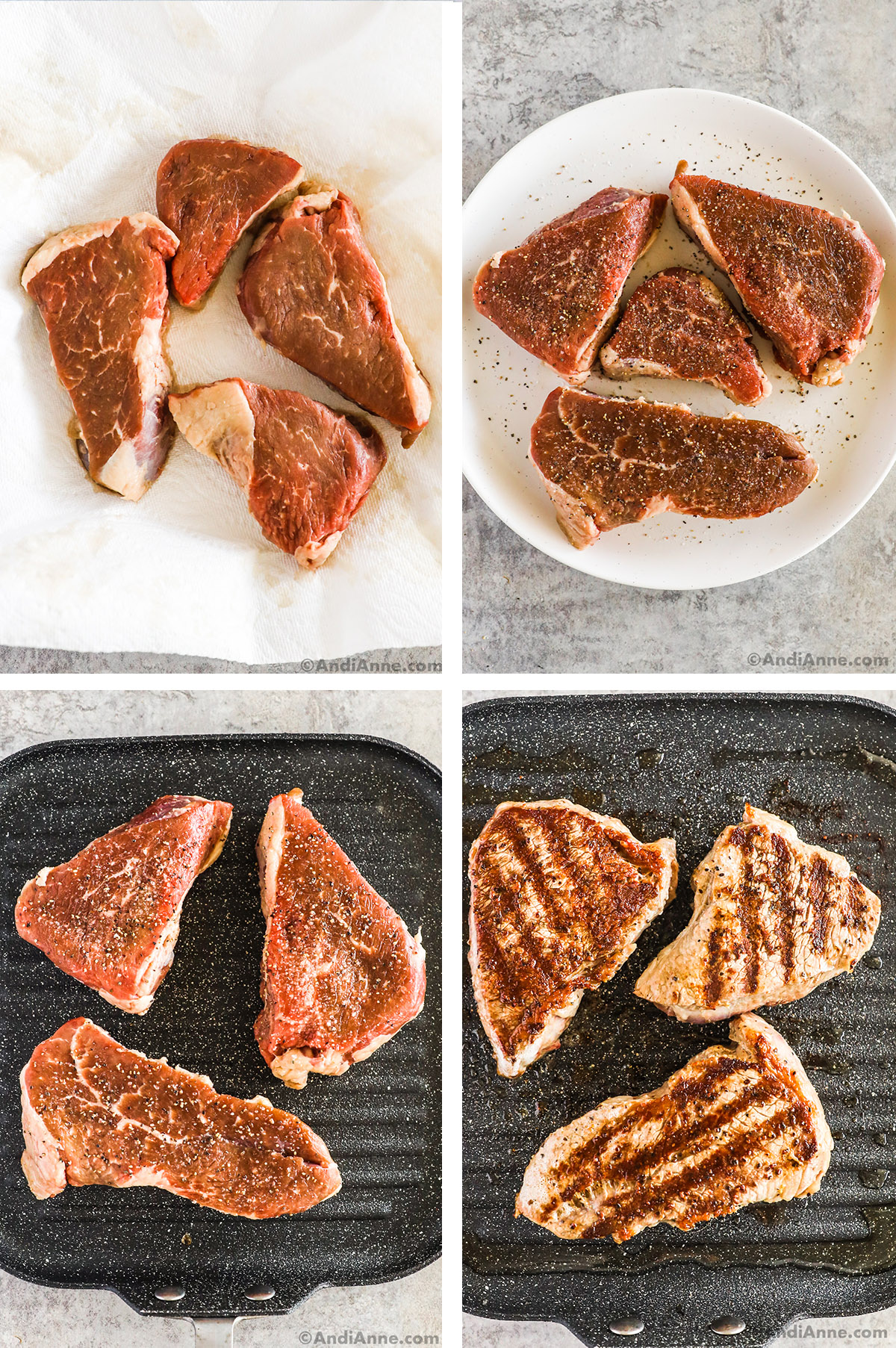 Four images grouped together. First two are pieces of raw steak seasoned. Last two are steak on a grill pan, first uncooked then cooked.