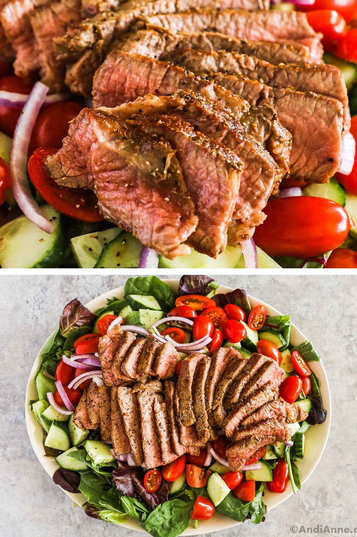 Close up of slices of steak, and a plate of steak salad.