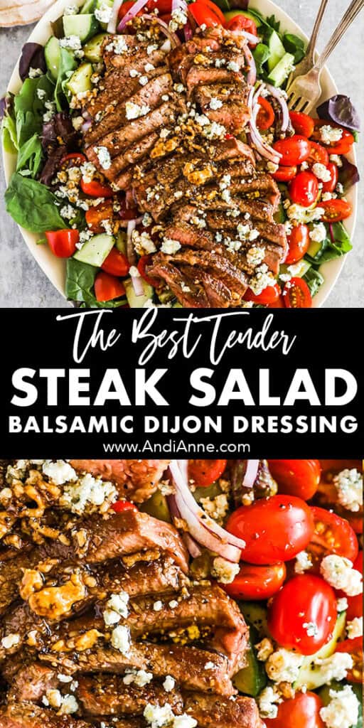 Sliced medium rare steak in the center of a salad drizzled with balsamic dijon dressing