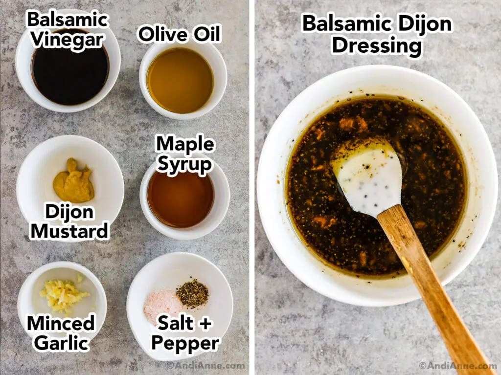 Ingredients to make salad dressing including balsamic vinegar, olive oil, dijon mustard, maple syrup, minced garlic, salt and pepper.