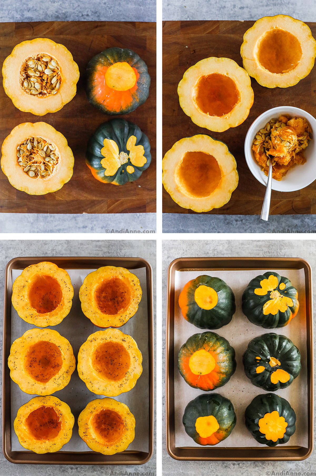Four images of sliced acorn squash, first with seeds inside, second with seeds removed, third brushed with oil and seasoned with salt and pepper, fourth placed face down on baking sheet.