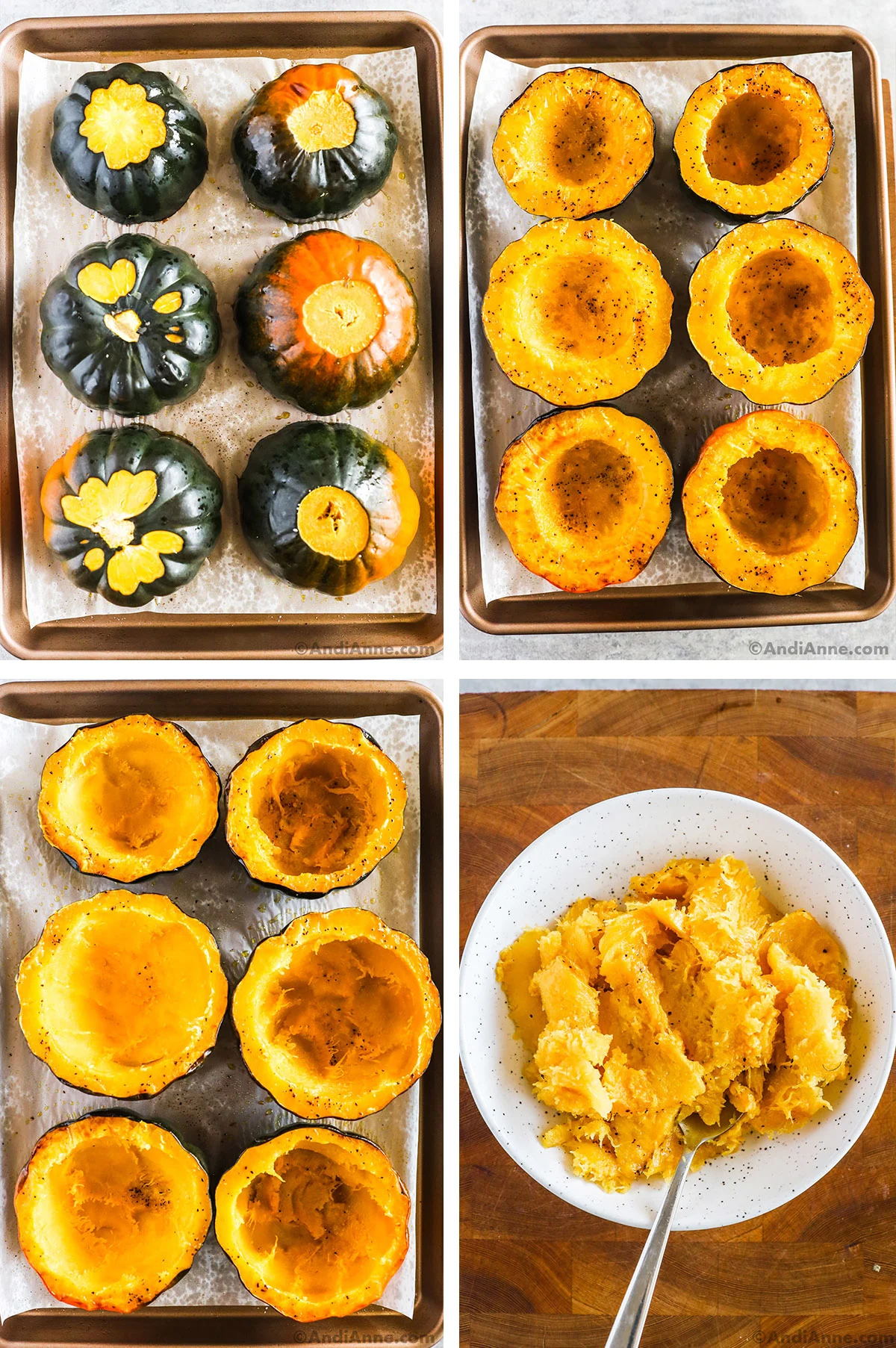 Cooked acorn squash sliced in half and baked, then insides slightly scooped out and added to a plate.