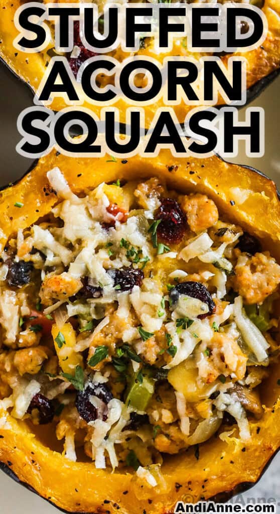 Close up of stuffed acorn squash recipe.