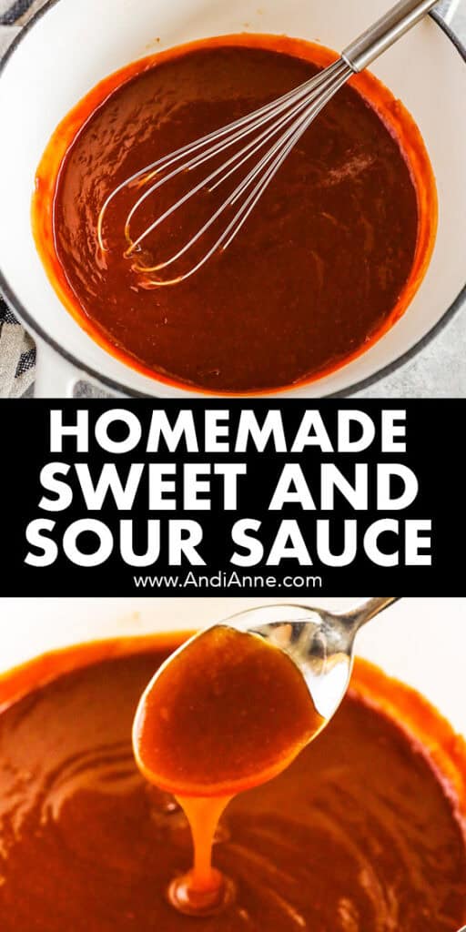 A pot with sweet and sour sauce and a spoon scooping it out