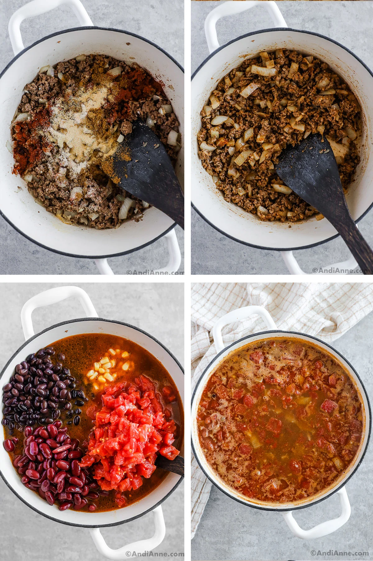 Four images of soup in different stages. Spices dumped over ground beef, then mixed in. Beans, tomatoes and corn dumped in the pot then mixed in.