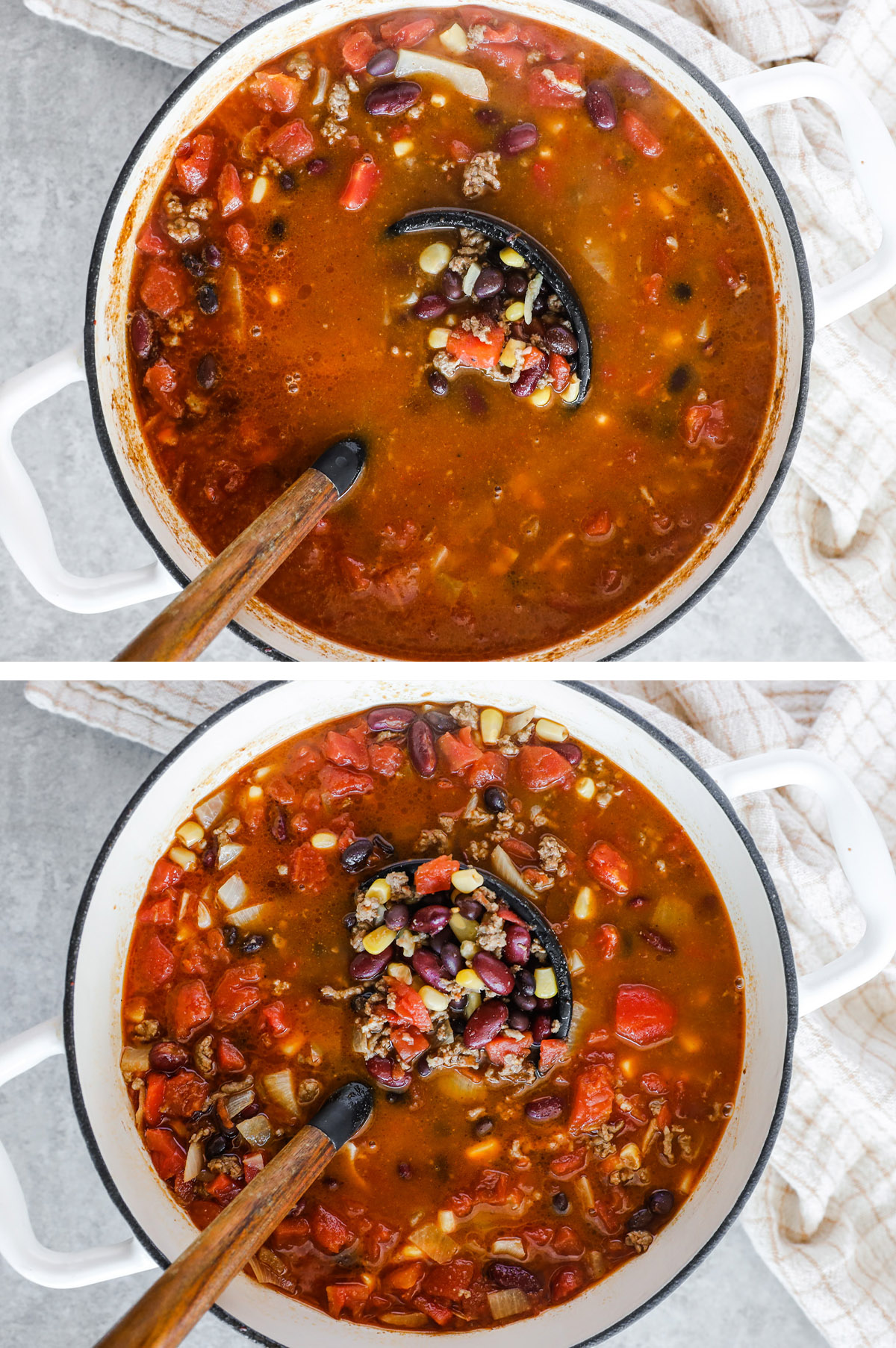 Two images of ground beef taco soup in soup pot with a ladle.