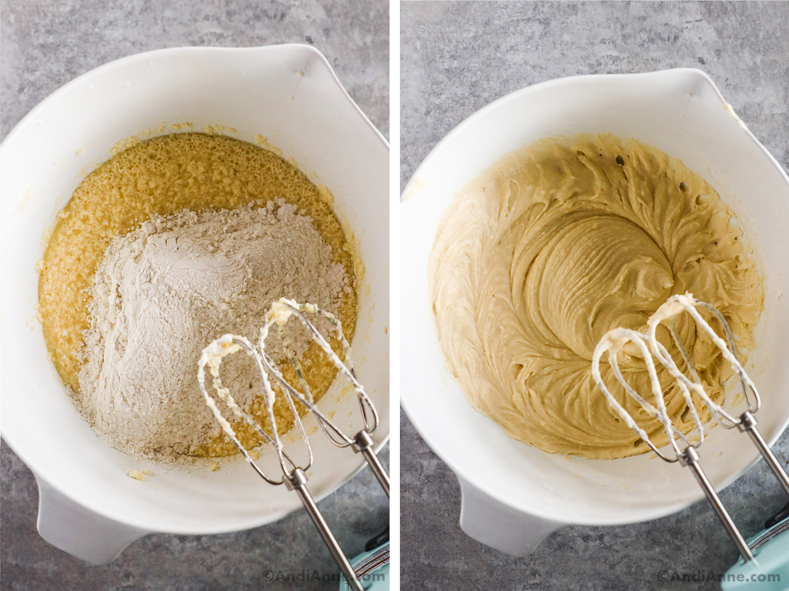 Two images of wet batter ingredients in various stages with hand mixer.
