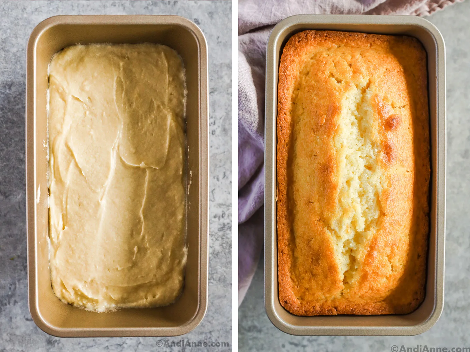 Unbaked pound cake in loaf pan, then baked version.