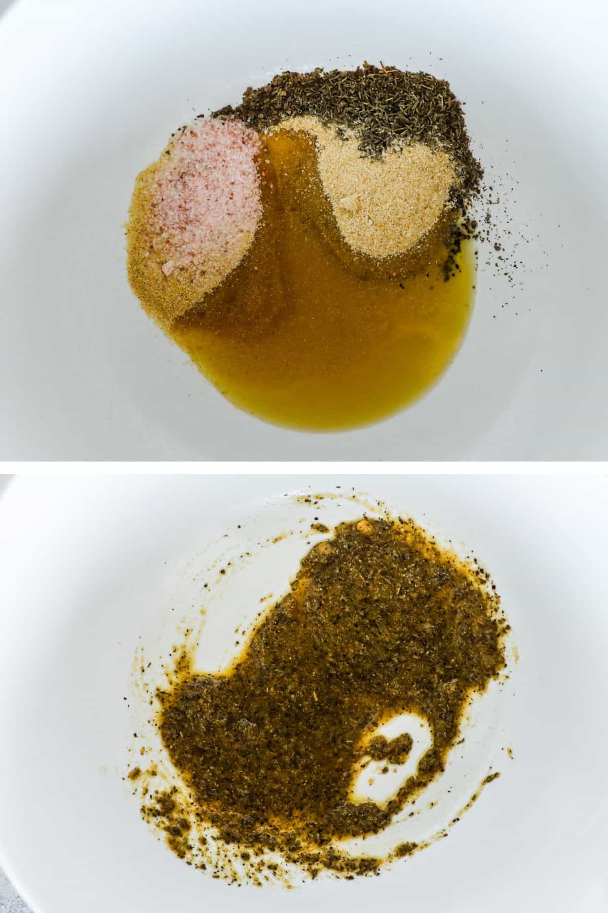 Two images of a bowl with olive oil and spices, first unmixed then mixed together.