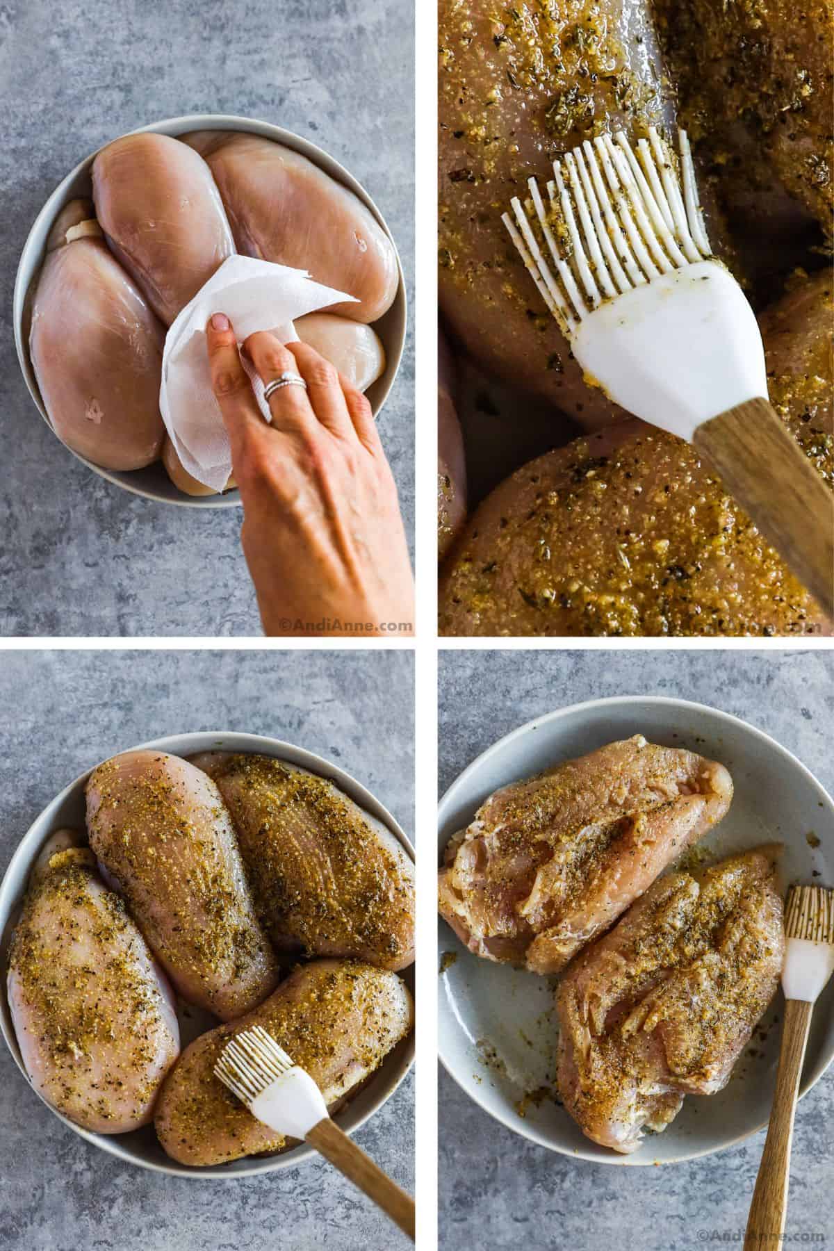 Four images grouped. First is hand patting chicken breasts dry with paper towel. Second is silicone brush over seasoned raw chicken, third and fourth are raw chicken breasts seasoned with spice rub on a plate with a silicone brush