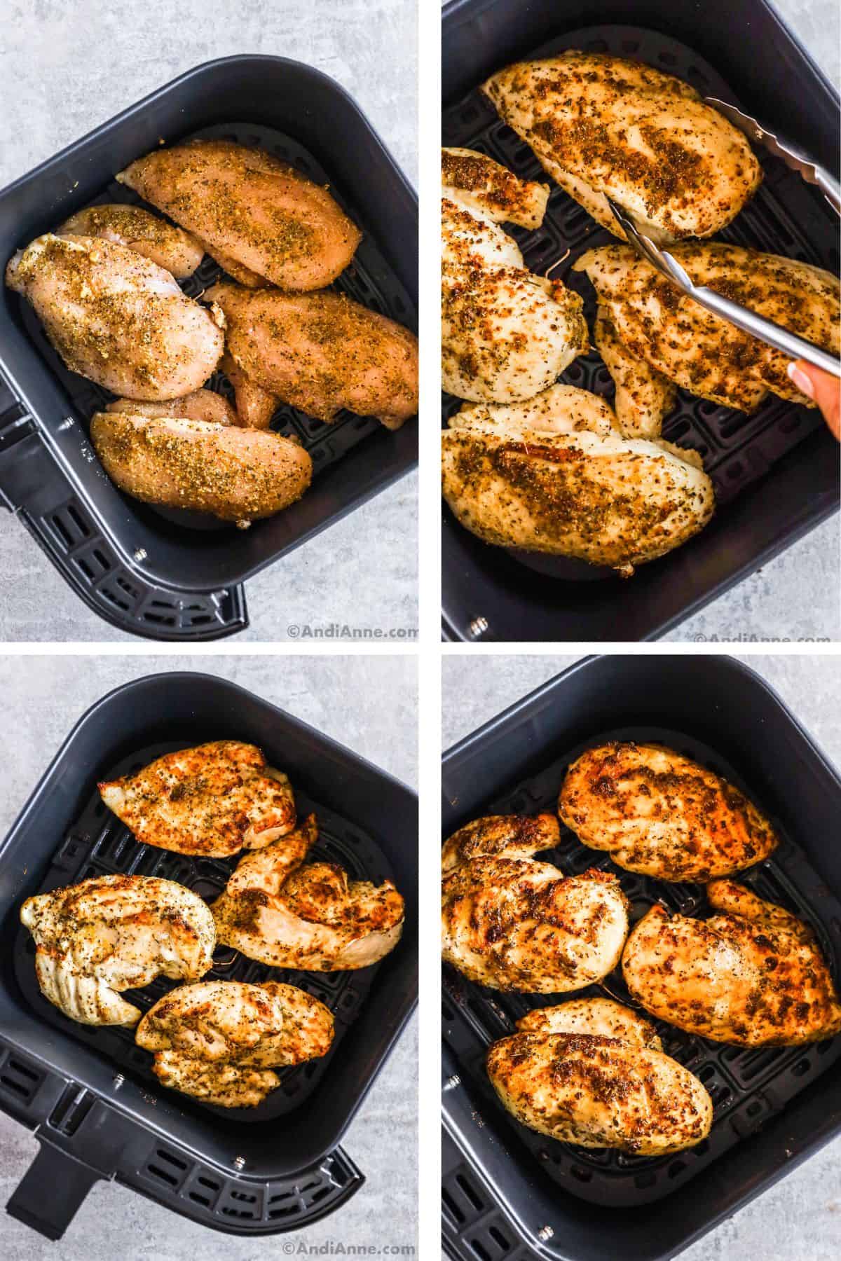 Four images grouped together of air fryer basket with chicken breasts in various stages of cooking.