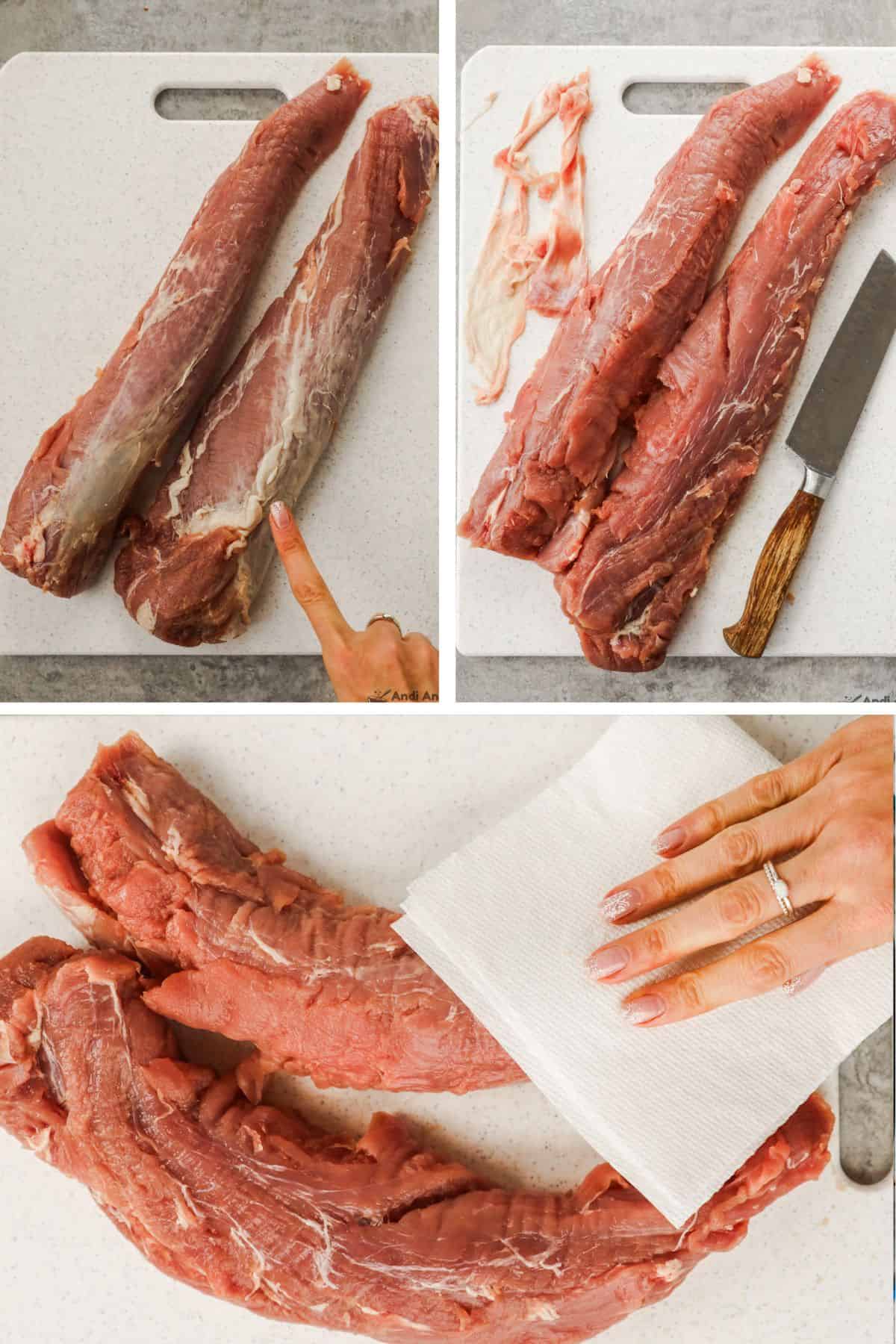 The silver skin is removed from the pork tenderloin, then it is patted dry with paper towels.