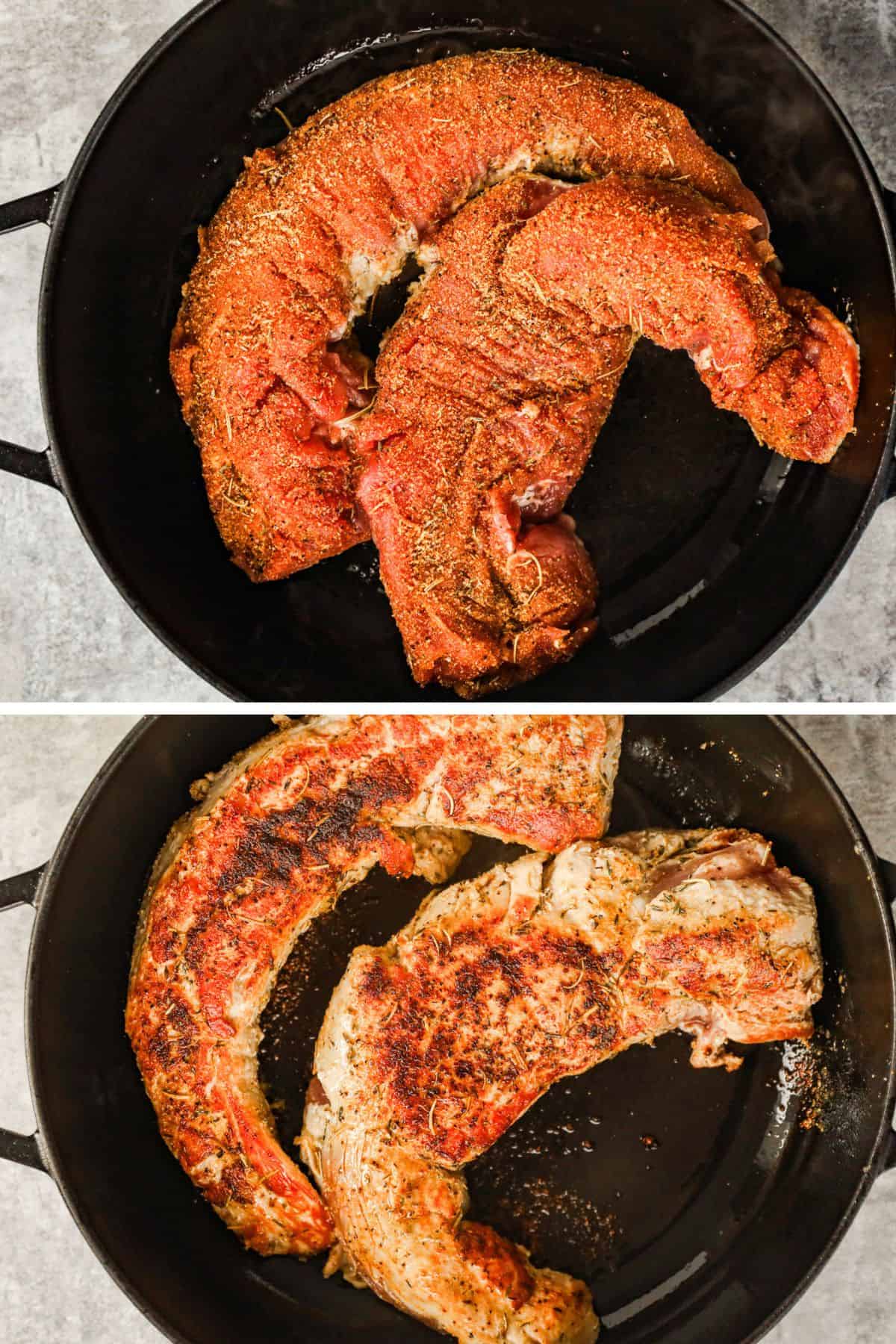 Two pork tenderloins in a cast-iron skillet are seared.