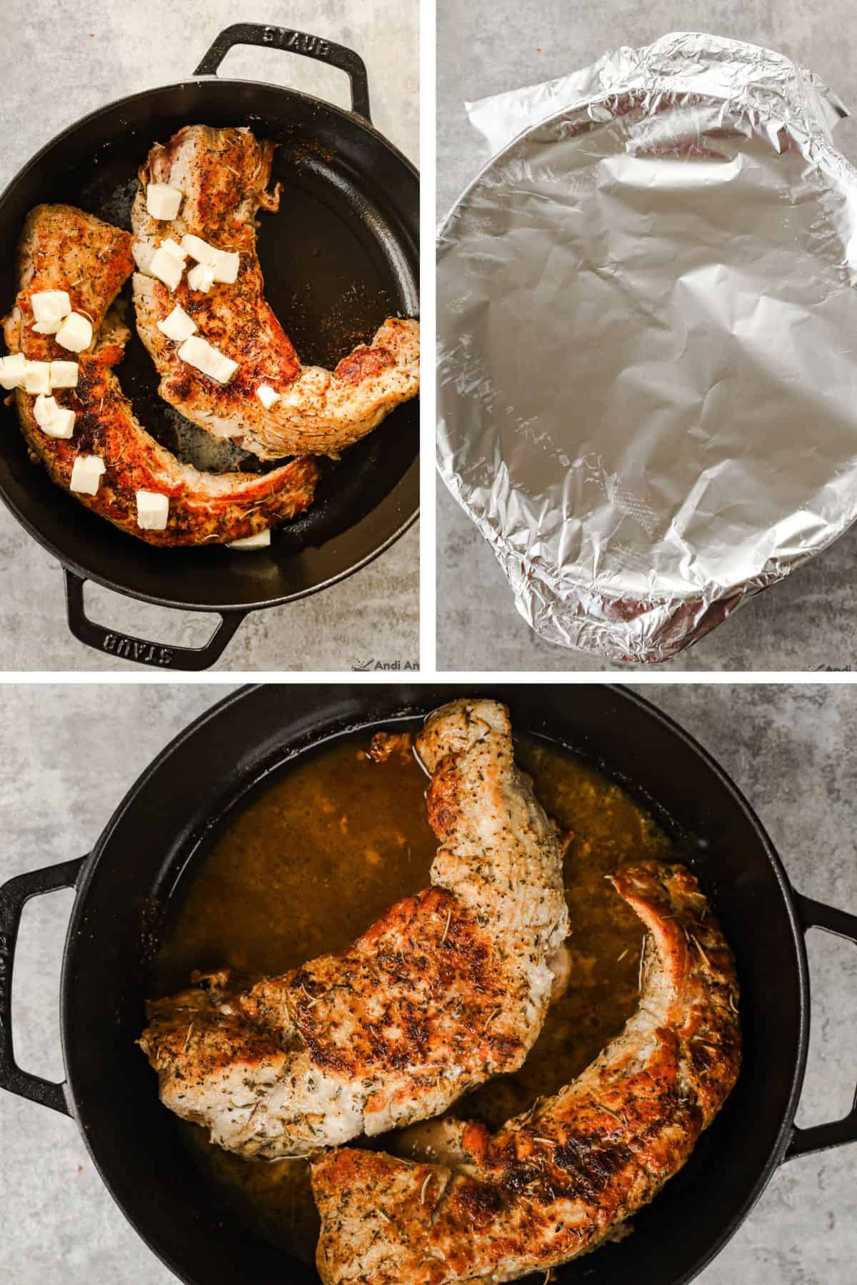 pork tenderloin in a black dish dotted with butter in various cooking stages
