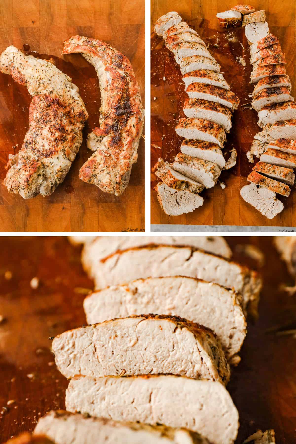 The two pork tenderloins rest on a cutting board, then are sliced.