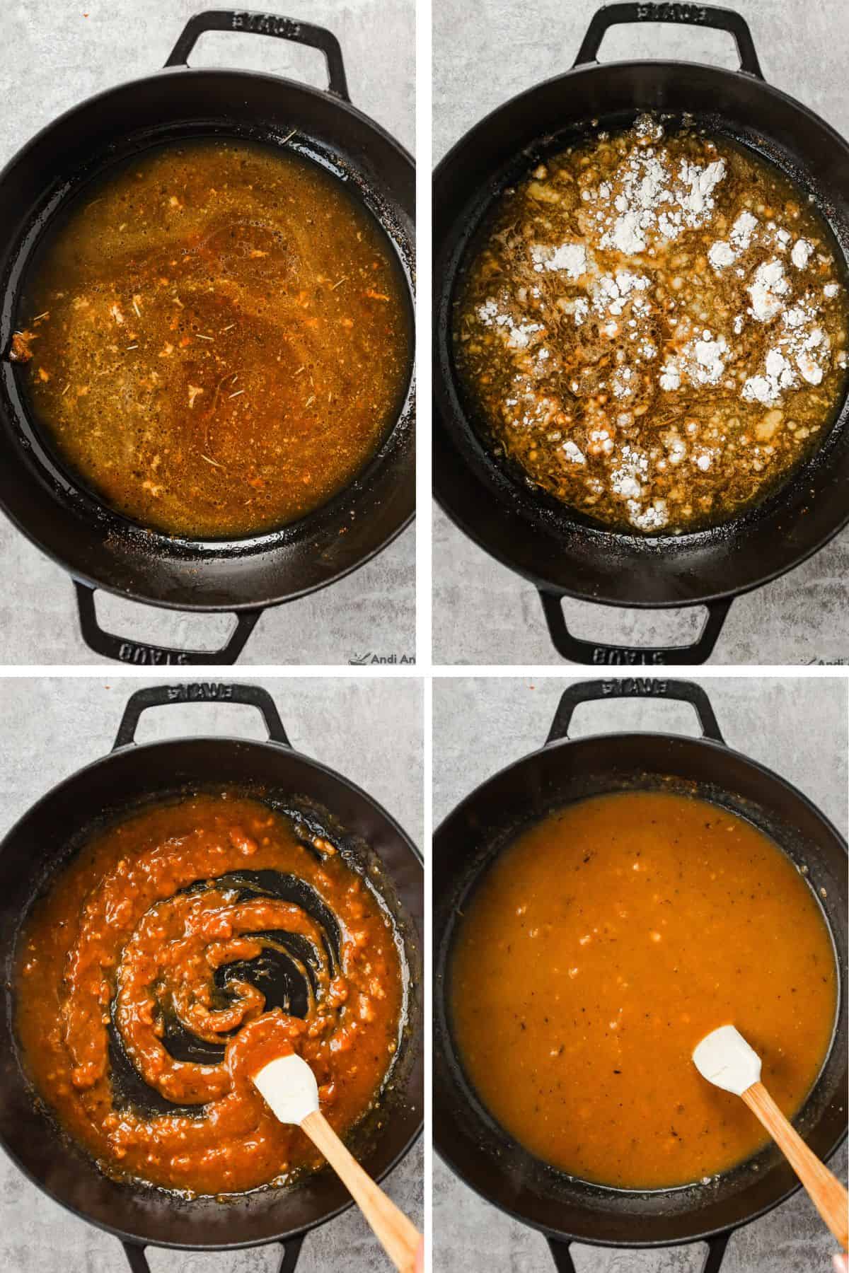 Flour is added to the pan drippings and mixed until smooth.