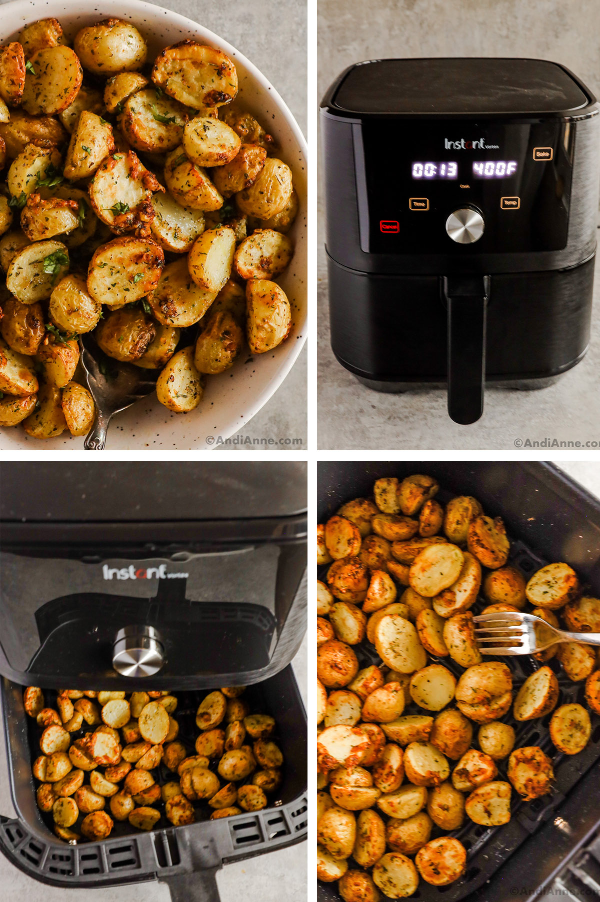 Four images showing air fryer steps. First is crispy baby potatoes in a bowl, second is a picture of an air fryer, third and fourth are air fryer basket with crispy baby potatoes in them.