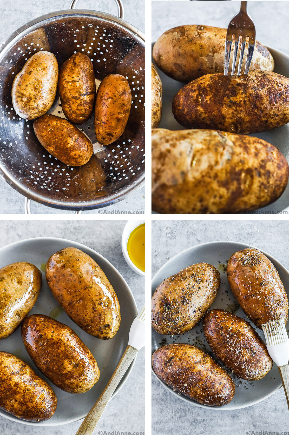 Four images grouped together. Russet potatoes, in a strainer, being pricked with fork on a plate, rubbed with olive oil, and seasoned with salt and pepper.
