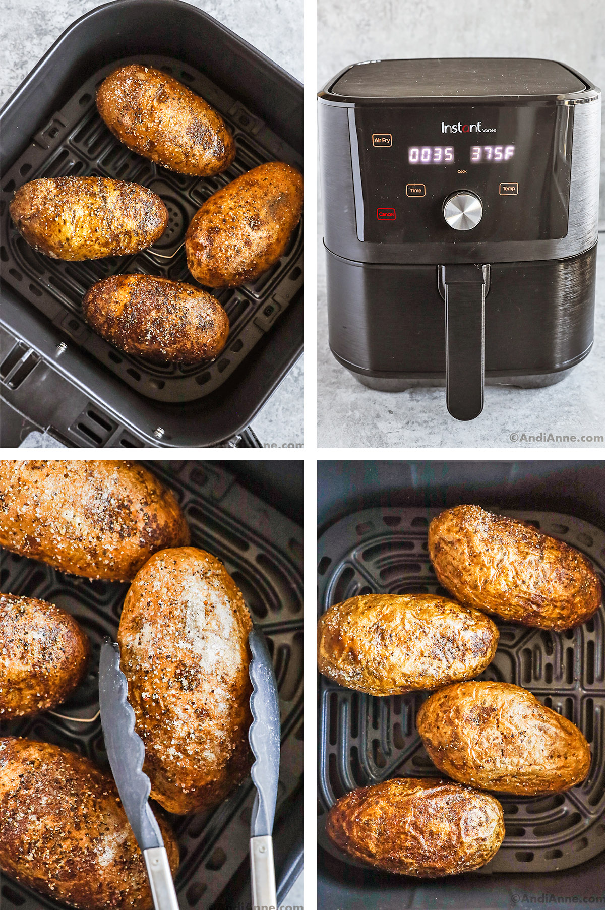 Four images, first is potatoes in air fryer basket, an air fryer, tongs holding a potato and baked potatoes in air fryer basket.