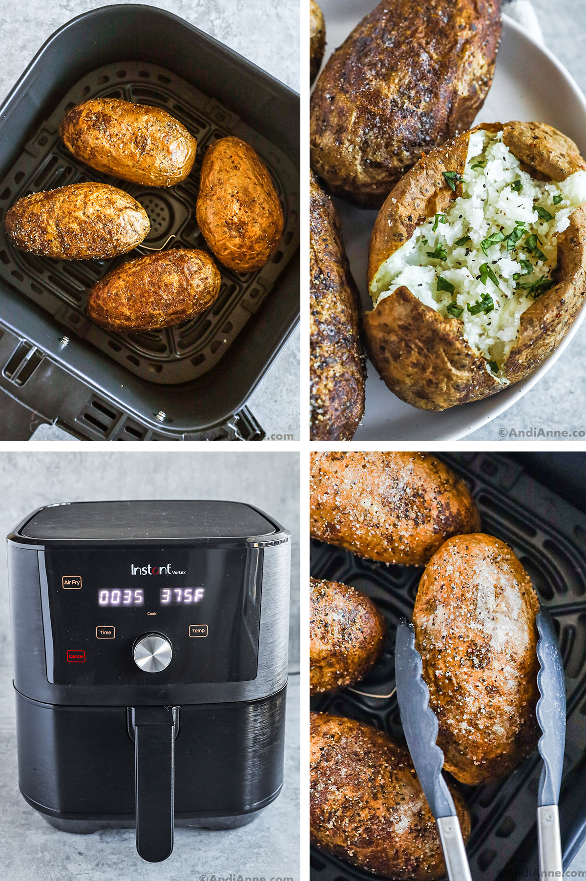 Air fryer basket with russet potatoes, close up of a baked potato cut open and topped with seasonings, an air fryer and tongs holding a russet potato in an air fryer basket.