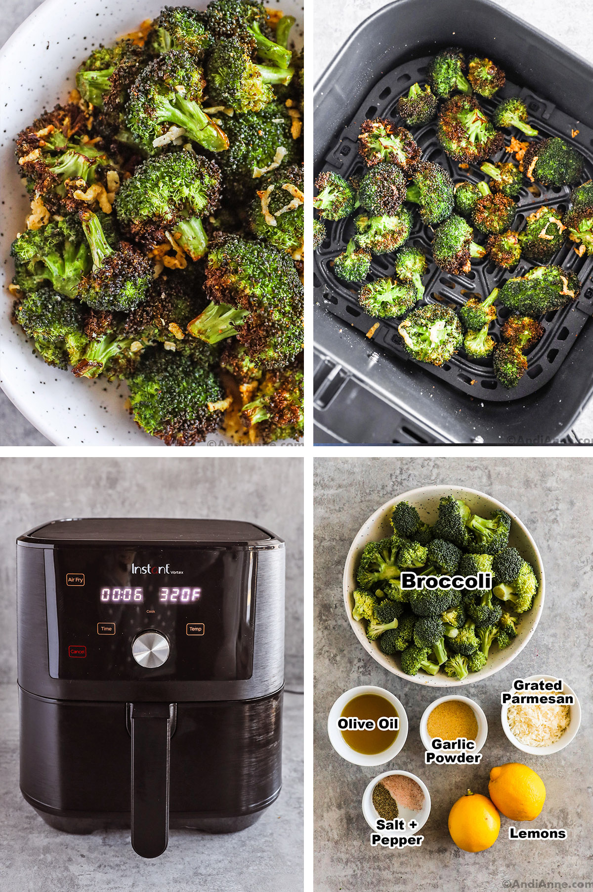 Four images, first is bowl of crispy broccoli, second is air fryer basket with broccoli, third is an air fryer, fourth is recipe ingredients in bowls.