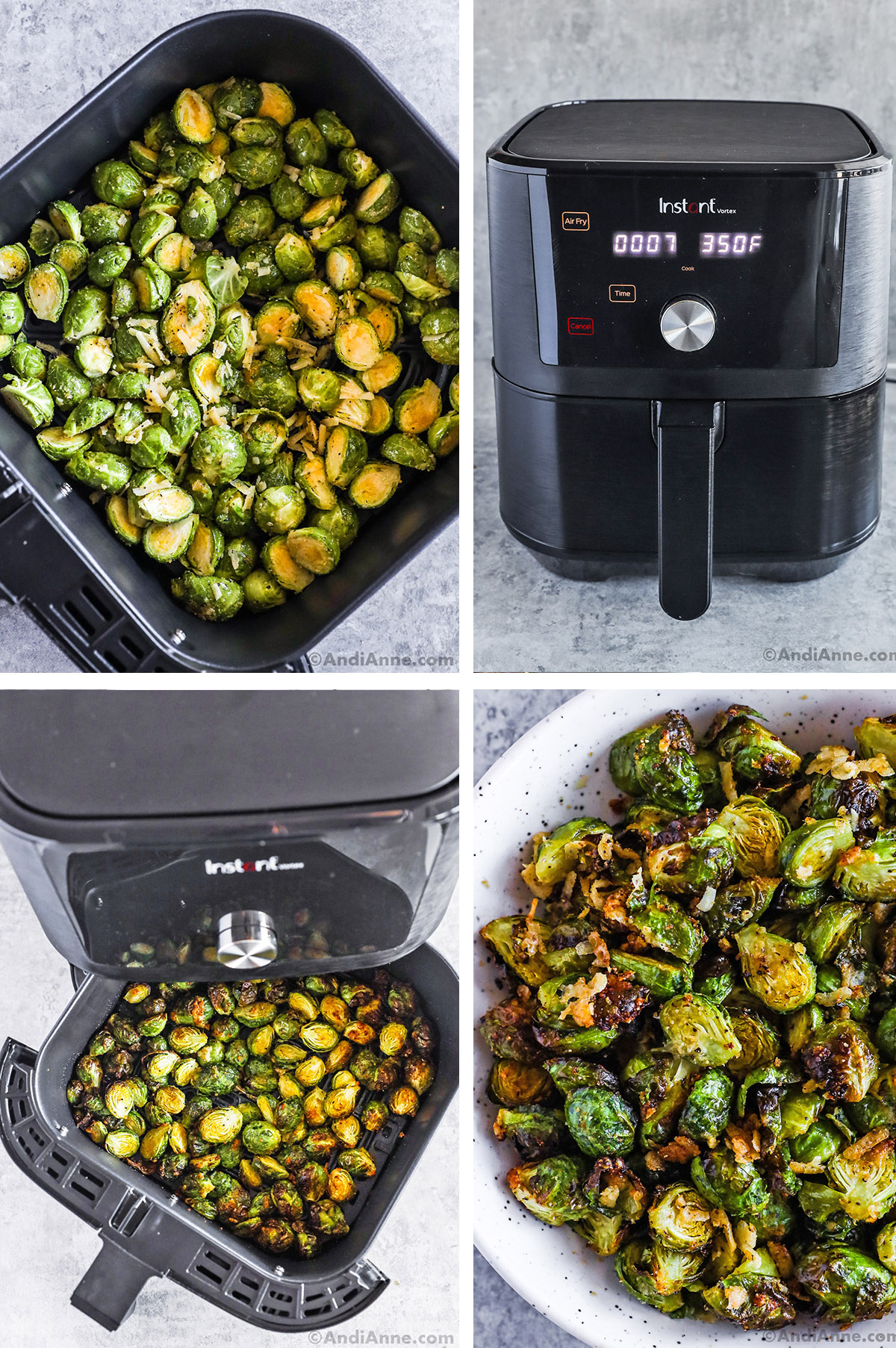 Air fryer basket with brussels sprouts, an air fryer, and a bowl of crispy brussels sprouts.