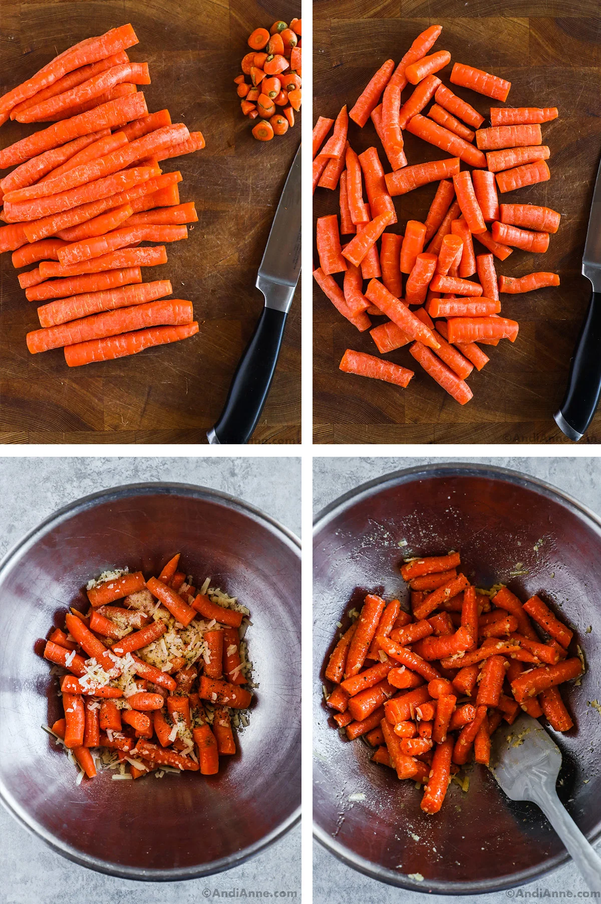Chopped carrots on a cutting board, plus a bowl of chopped carrots tossed with oil, spices and grated parmesan,