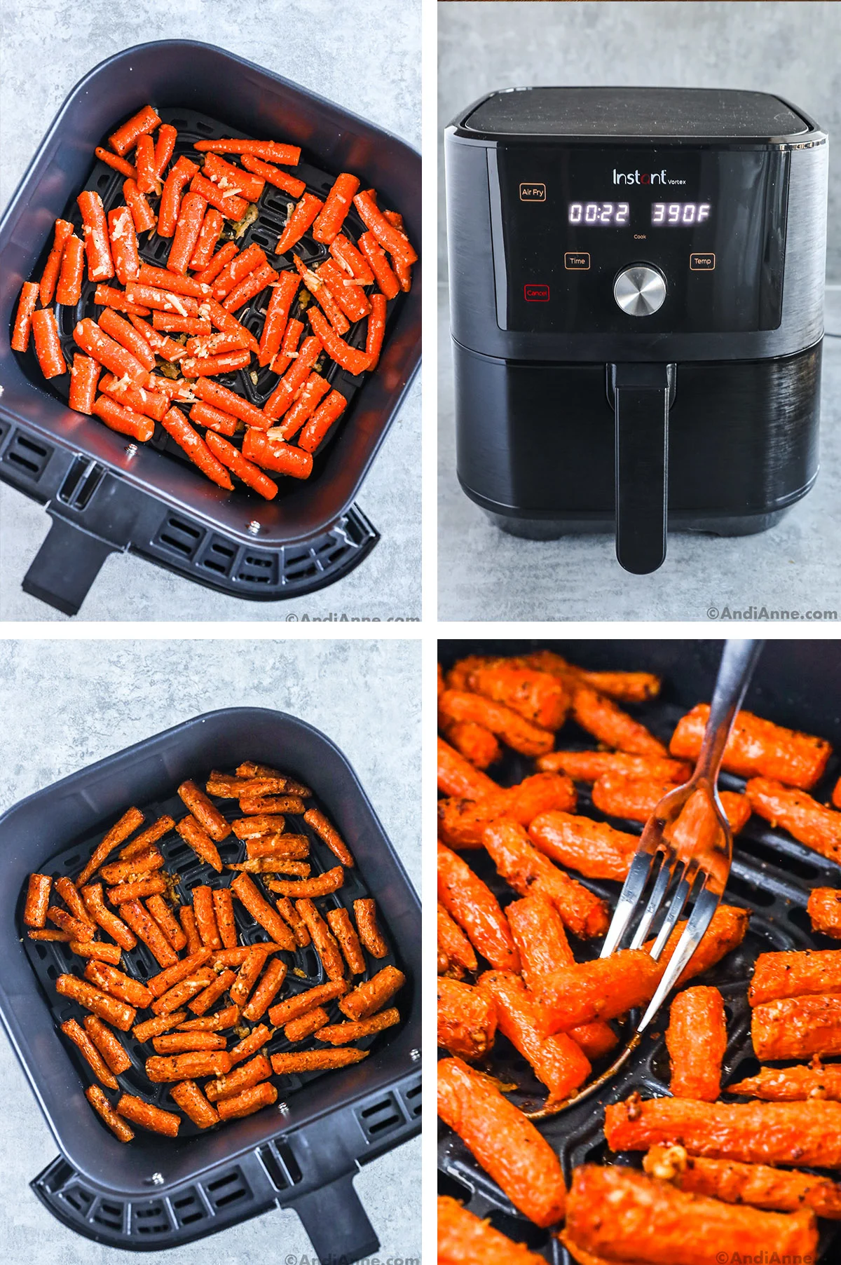 An air fryer basket with parmesan carrots inside first raw, then cooked and a fork poking carrots close up. 