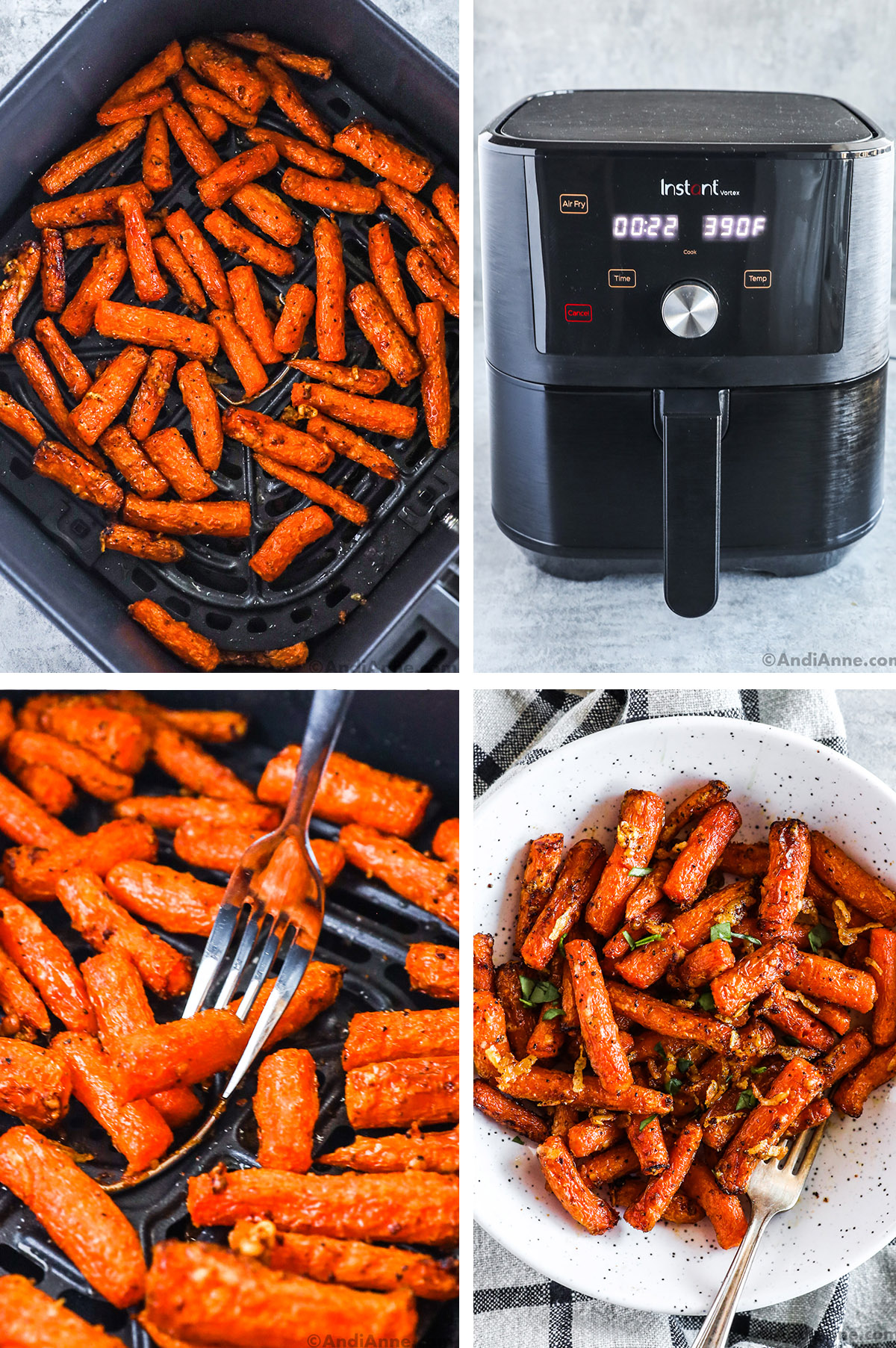 Four images, first is carrots in air fryer basket, second is air fryer, third is fork poking close up carrots, fourth is carrots in a bowl. 